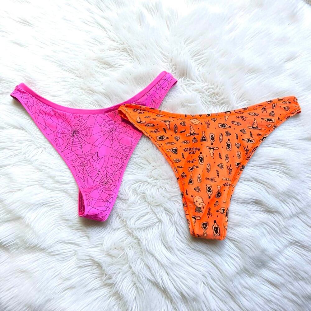 VICTORIA'S SECRET‎ L Pink Spiderweb Halloween High Leg Thong Panties Two Pair